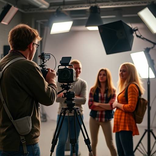 Groupe d'étudiants de l'Académie Ciné Lumière travaillant ensemble sur un plateau de tournage, avec une caméra professionnelle et un éclairage